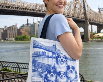 Australian Shepherd Dog Family Tote Bag, Queensboro Bridge NYC Illustration
