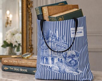 Brussels Griffon Manhattan Architecture Blue and White - Stripe Tote Bag Streetwise Dogs New York Gifts for Dog Lovers