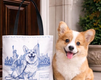 Corgi NYC Skyline Statue of Liberty Blue and White Tote Bag Streetwise Dogs New York Gifts for Dog Lovers