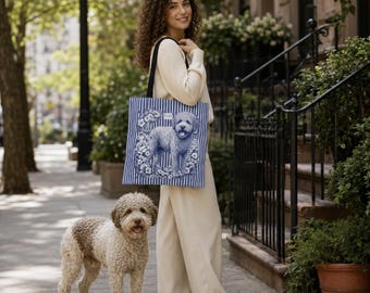 Lagotto Romagnolo Tote Bag, Botanical Dog Bag, Blue and White Striped Tote, Truffle Dog Gift, Lagotto Mom Gift
