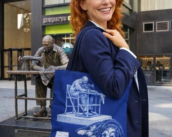 Bernese Mountain Dog Tote Bag: NYC Garment District Illustration, Blue White Art Carryall