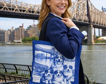 Australian Shepherd Family Tote Bag, Queensboro Bridge NYC Illustration