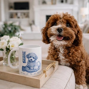 Cavapoo at a Hotel in Chelsea Blue and White Mug Streetwise Dogs New York Gifts for Dog Lovers