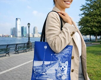 Corgi Tote Bag | Battery Park Hudson River NYC Dog Illustration