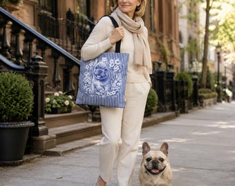 French Bulldog Tote Bag, Frenchie Mom Gift, Blue and White Botanical Dog Art, French Bulldog Lover Gift, Streetwise Dogs New York