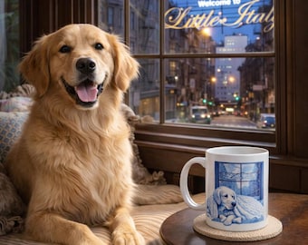 Golden Retriever Mug: Little Italy NYC Dog Illustration, Blue White Coffee Cup
