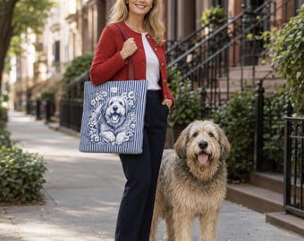 Otterhound Tote Bag, Botanical Dog Bag, Blue and White Striped Tote, Rare Dog Breed Gift, Floral Dog Lover Bag