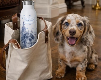 Dachshund Water Bottle, Blue White Doxie Art, Streetwise Dogs New York