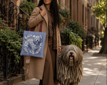 Bergamasco Sheepdog Tote Bag, Blue and White Striped Tote, Botanical Dog Bag, Rare Italian Dog Breed Gift
