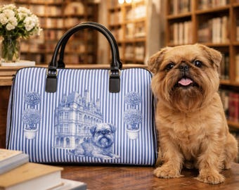 Brussels Griffon Bookstore Travel Bag, Faux Leather Weekender, Streetwise Dogs Illustration