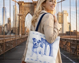 Jack Russell Terrier Brooklyn Bridge Tote Bag | NYC Dog Illustration, Toile Style