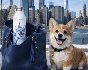 Corgi Statue of Liberty Water Bottle, Blue White NYC Skyline Dog Lover Gift