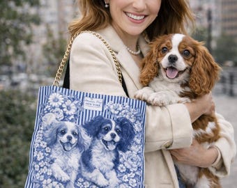 Cavalier King Charles Spaniel Tote Bag, Blue White Floral Art, Streetwise Dogs New York
