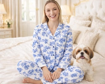 Shih Tzu Pajama Set, Gracie Mansion Blue Toile  Sleepwear, Dog Lover Loungewear