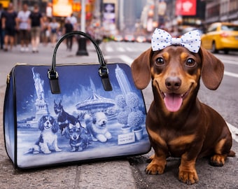 Blue Toile Dachshund Weekender Bag, NYC Dog Lover Travel Duffle