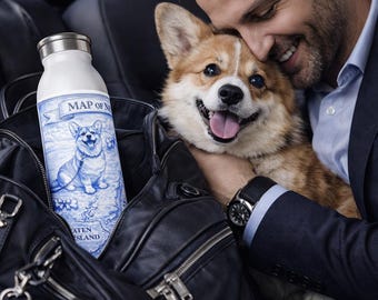 Corgi NYC Map Water Bottle, Blue White Dog Lover Gift, Streetwise Dogs New York