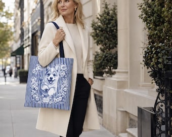 Corgi Tote Bag for Women, Blue and White Floral Corgi Gift for Dog Moms, Streetwise Dogs New York Inspired NYC Dog Bag