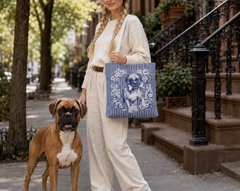 Boxer Dog Tote Bag, Blue and White Striped Tote, Botanical Boxer Gift, Floral Dog Bag, Boxer Mom Gift