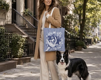 Border Collie Tote Bag, Border Collie Mom Gift, Blue and White Botanical Dog Art, Sheepdog Lover Gift, Streetwise Dogs New York