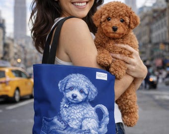 Cavapoo Illustration Tote Bag, Streetwise Dogs New York, Puppy Mischief Design