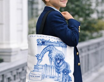 Leonberger Dog Tote Bag Blue and White Zoo Illustration | Streetwise Dogs New York | Dog Lover Gift | NYC Dog Art Tote