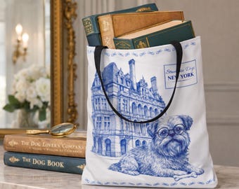 Brussels Griffon Tote Bag New York Upper East Side | Smart Dog with Glasses Book Lover Tote | Blue and White NYC | Dog Lover Gift