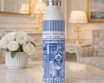 Doodle Dog Bagel Shop Water Bottle, New York Slim Stainless Steel 20oz