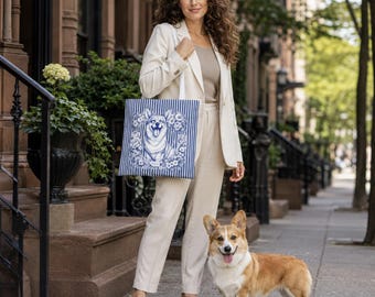 Corgi Tote Bag, Corgi Mom Gift, Blue and White Botanical Dog Art, Pembroke Welsh Corgi Gift, Streetwise Dogs New York