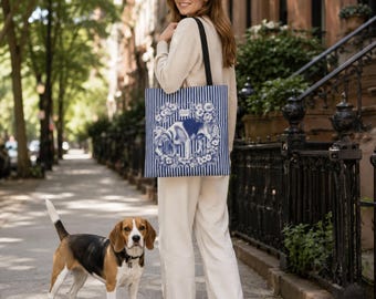 Beagle Tote Bag, Beagle Mom Gift, Blue and White Botanical Dog Art, Beagle Lover Gift, Scent Hound Bag, Streetwise Dogs New York