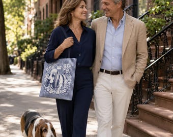 Basset Hound: Blue and White Striped Dog Themed Tote Bag
