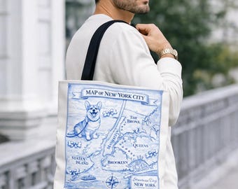 Corgi NYC Map Blue and White Tote Bag Streetwise Dogs New York Gifts for Dog Lovers