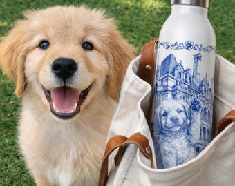 Golden Retriever Water Bottle, Blue White NYC Architecture Illustration, Dog Lover Gift