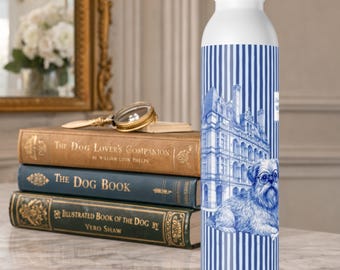 Brussels Griffon Water Bottle | Blue White Toile Dog Art | NYC Streetwise Dogs