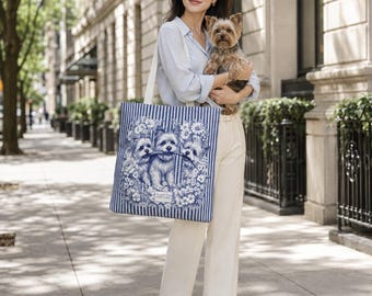 Yorkshire Terrier Tote Bag, Yorkie Gift for Women, Blue and White Floral Dog Bag, Yorkie Mom Gift, Dog Lover Tote