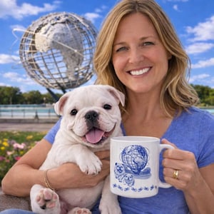 English Bulldog Unisphere  Flushing, Queens  Blue and White Mug Streetwise Dogs New York Gifts for Dog Lovers