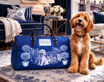 Blue Toile Duffle Bag, Goldendoodle NYC Travel Bag