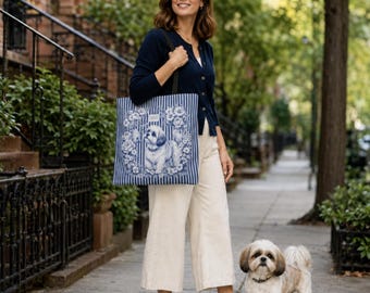 Shih Tzu Tote Bag, Blue and White Striped Tote, Botanical Dog Bag, Bee Lover Gift, Shih Tzu Mom Gift