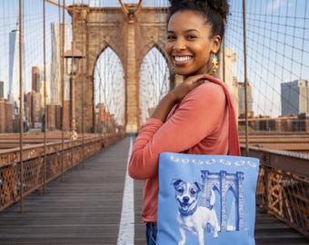 Jack Russell Tote Bag Brooklyn Bridge NYC Dog Illustration | Streetwise Dogs New York Gift