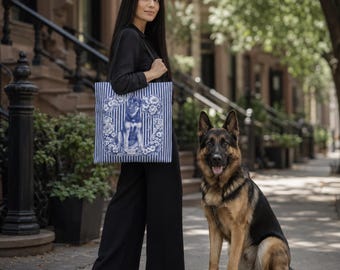 German Shepherd Tote Bag, Blue and White Botanical Dog Art, German Shepherd Mom Gift, Dog Lover Bag, Streetwise Dogs New York