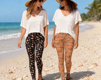 Seashell Pattern High-Waisted Leggings | Colorful Seashell Yoga Pants | Ocean Lover Scuba Diving Bottoms