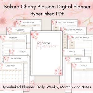 May include: A digital planner with a Sakura cherry blossom theme, featuring a hyperlinked PDF format. The pages include daily, weekly, and monthly layouts, along with notes sections, all decorated with pink floral accents and clear black text.