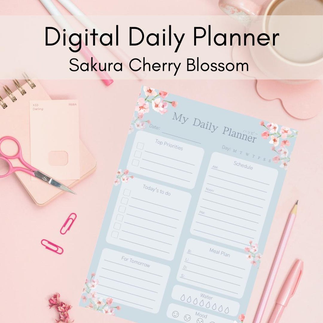 Digital Daily Planner | PLR/ MRR | Soft Blue Tones Sakura Cherry ...