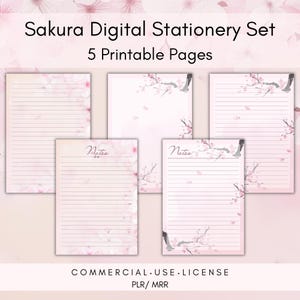 Set di cancelleria digitale Sakura - 5 pagine per appunti stampabili - a righe e bianche - PLR / MRR