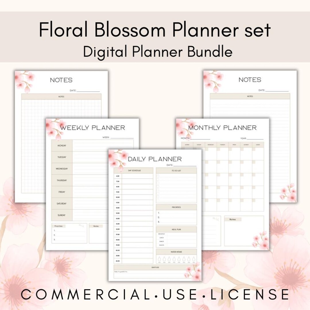 Flower Blossom Digital Planner Bundle | Undated Daily Weekly & Monthly ...
