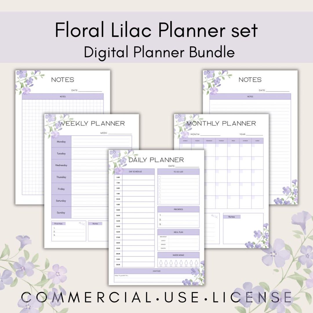 Floral Lilac Planner Set | Undated Daily, Weekly & Monthly | Digital ...