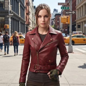 May include: A deep red leather motorcycle jacket featuring a wide notched collar, an asymmetrical front zip closure, gold-toned metal hardware, a buckled waist belt, and a small flap pocket on the front. The jacket is worn over a dark grey shirt.