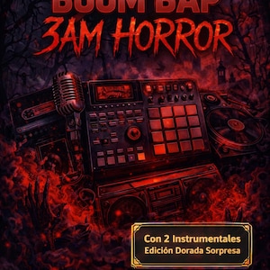 Puede incluir: Una portada de álbum digital con un diseño oscuro de temática de terror. El título "BOOM BAP 3AM HORROR" está en texto rojo estilizado. La imagen presenta un micrófono, una caja de ritmos y otros equipos de producción musical, con un fondo rojo y negro llameante.