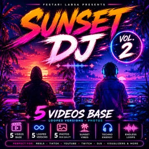 May include: A digital art poster with the text "SUNSET DJ VOL. 2" in bright, colourful lettering. The image features two figures with DJ equipment, set against a sunset backdrop with palm trees. Includes icons for videos, photos, and music loops.
