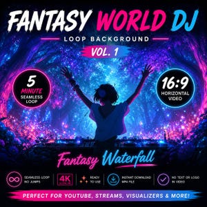 Könnte beinhalten: Eine digitale Grafik mit dem Text FANTASY WORLD DJ LOOP BACKGROUND VOL. 1 und Fantasy Waterfall. Das Bild zeigt die Silhouette einer Person mit erhobenen Armen hinter einem DJ-Pult in einem Wald mit leuchtenden rosa und blauen Lichteffekten.
