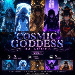 Puede incluir: Ilustración digital para "Cosmic Goddess DJ Loops Vol. 1", con cinco personajes de estilo anime. La obra presenta una temática celestial con colores vibrantes y el texto "Cosmic Goddess DJ Loops" en una fuente estilizada.